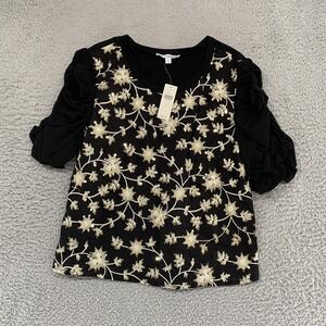Isla‎ Maude Embroidered Top Womens Small Black Puff Sleeve Sequin Floral Party